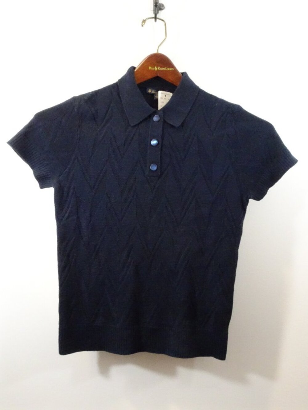 Brooks Brothers Chevron Knit Sweater Navy Blue Silk Collared Short Sleeve XS